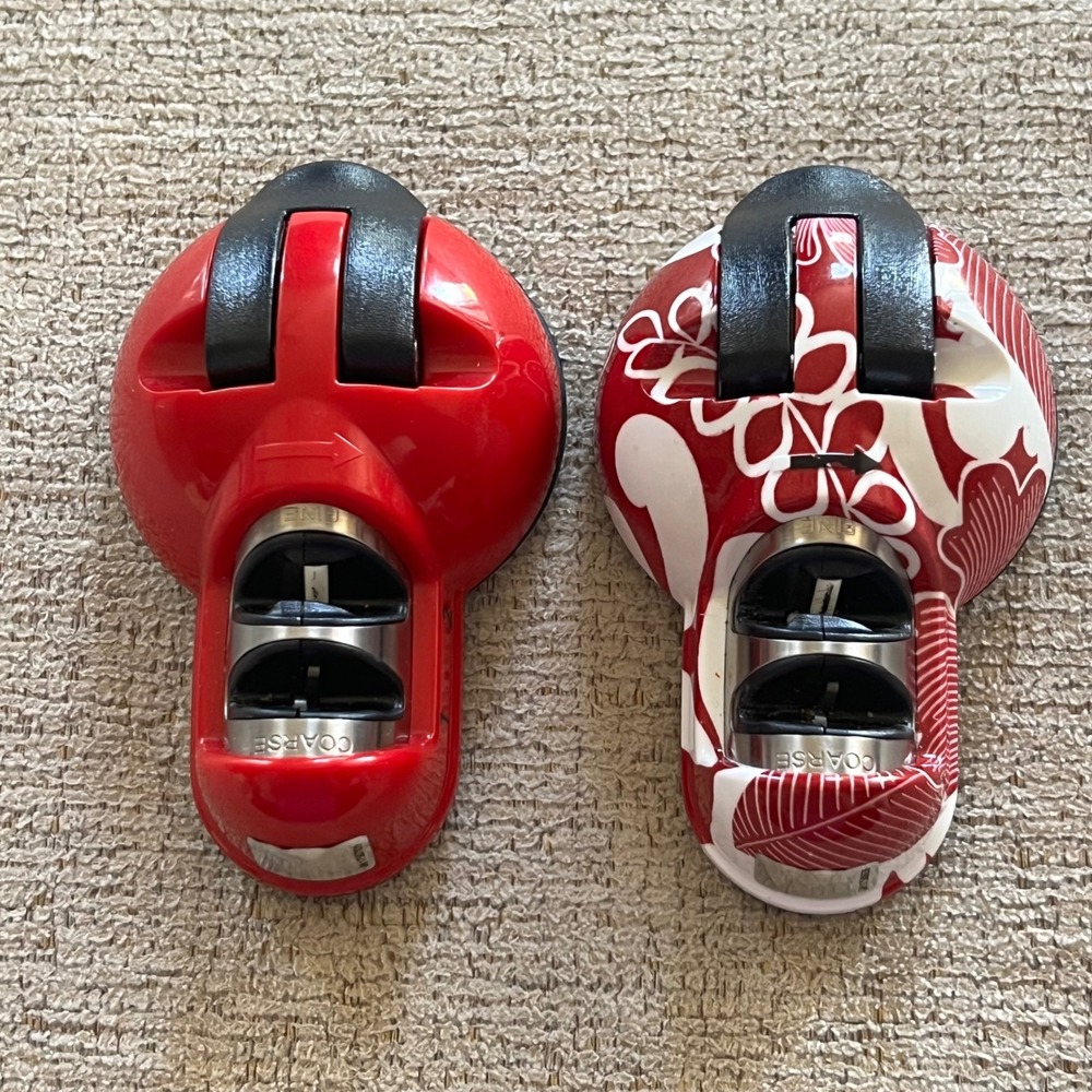 Set of 2 Knife Sharpeners Red Floral Suction Base Countertop